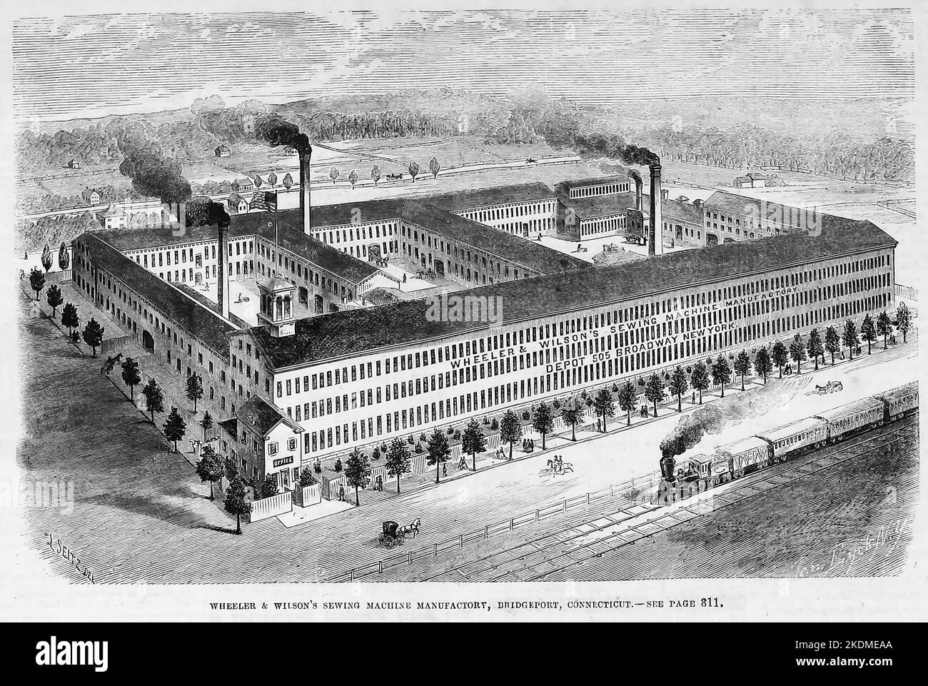 Wheeler and Wilson Sewing Machine Manufactory, Bridgeport, Connecticut. January 1863. 19th century American Civil War illustration from Frank Leslie's Illustrated Newspaper Stock Photo