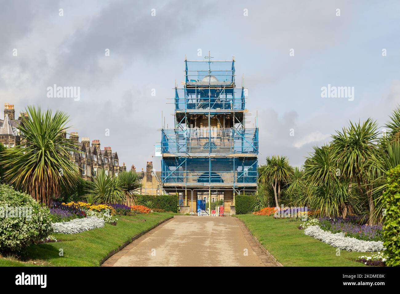 Scarborough, UK: South Cliff Clock Tower surrounded by scaffolding during repair and renovation. Stock Photo