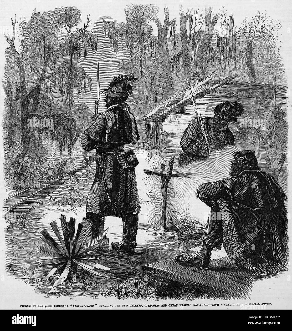 Pickets of the first Louisiana 'Native Guard' guarding the New Orleans, Opelousas and Great Western Railroad. February 1863. 19th century American Civil War illustration from Frank Leslie's Illustrated Newspaper Stock Photo