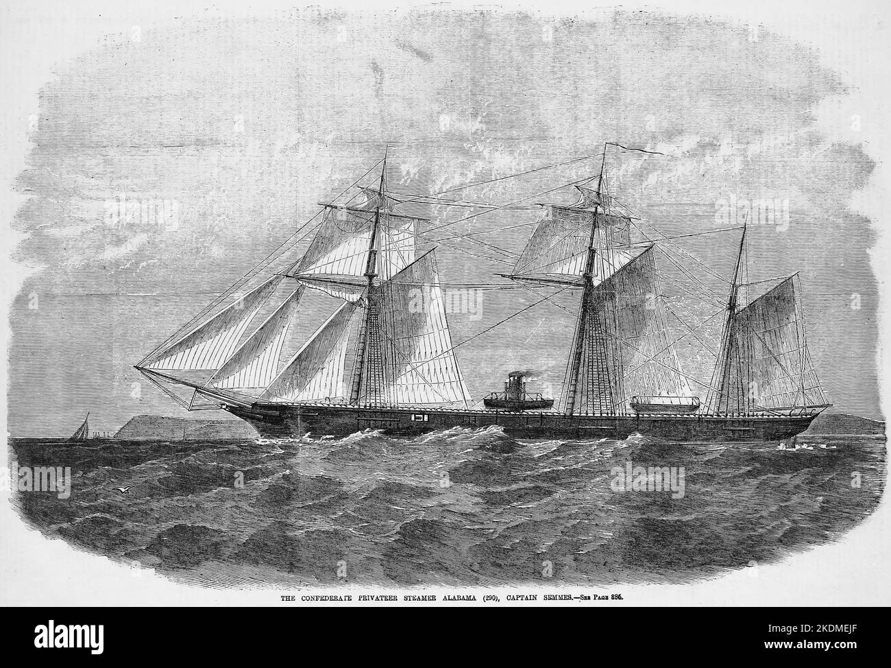 The Confederate privateer steamer Alabama, Captain Raphael Semmes. March 1863. 19th century American Civil War illustration from Frank Leslie's Illustrated Newspaper Stock Photo