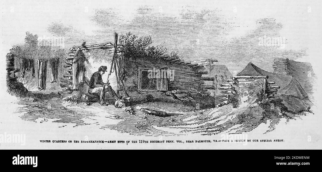 Winter quarters on the Rappahannock - Army huts of the 119th Regiment Pennsylvania Volunteers, near Falmouth, Virginia. March 1863. 19th century American Civil War illustration from Frank Leslie's Illustrated Newspaper Stock Photo
