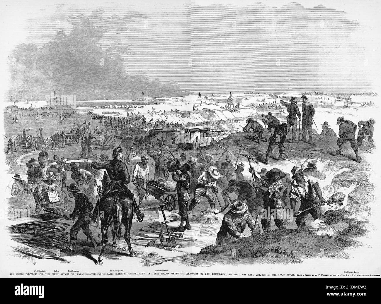 The Rebels preparing for the Union attack on Charleston, South Carolina - The Confederates building fortifications on James Island, under the direction of General P. G. T. Beauregard, to repel the land attacks of the Union troops. January 1863. 19th century American Civil War illustration from Frank Leslie's Illustrated Newspaper Stock Photo