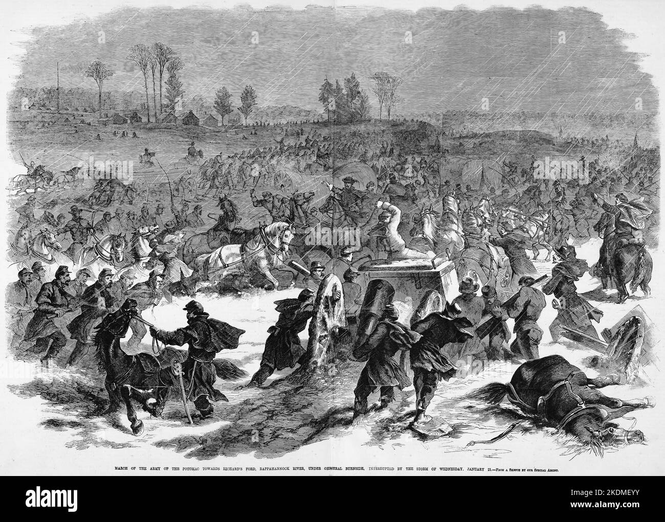 March of the Army of the Potomac towards Richard's Ford, Rappahannock River, under General Ambrose Everett Burnside, interrupted by the storm of Wednesday, January 21st, 1863. 19th century American Civil War illustration from Frank Leslie's Illustrated Newspaper Stock Photo