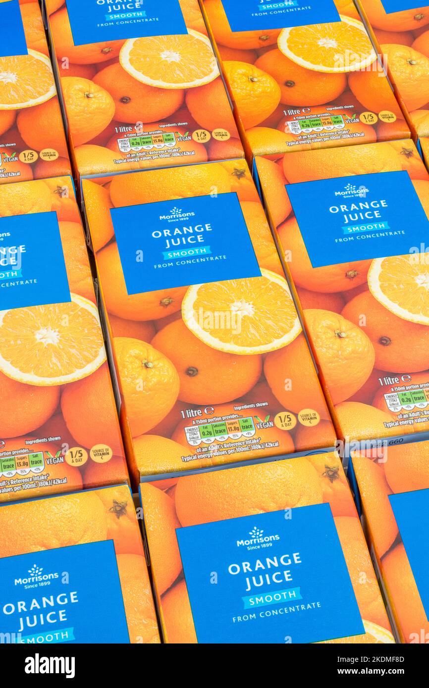 Morrison's orange juice cartons & labelling showing sugar