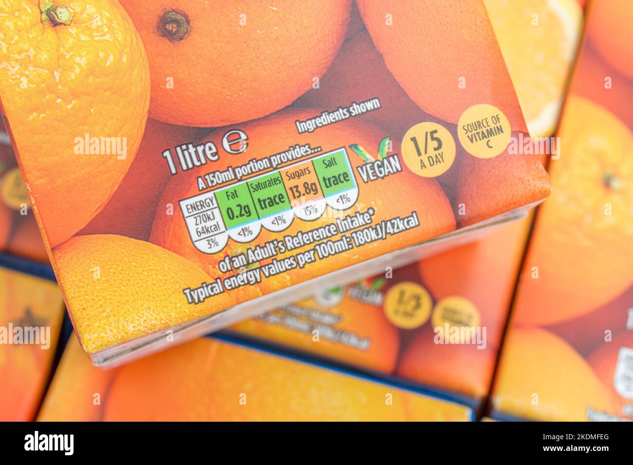 Morrison's orange juice cartons & labelling showing sugar