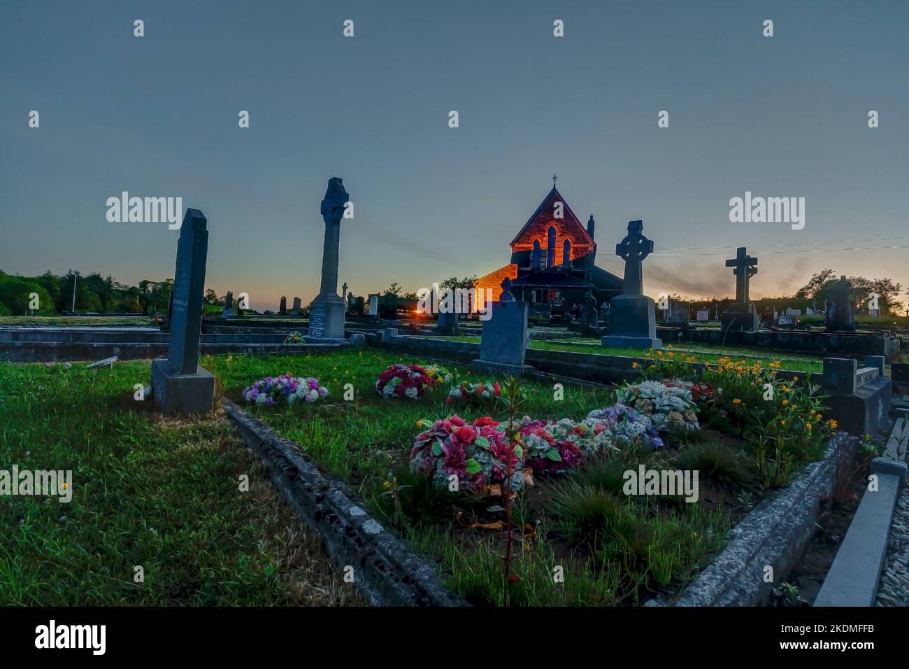 Picture of an old cemetery in Ireland at dusk from a ground perspective