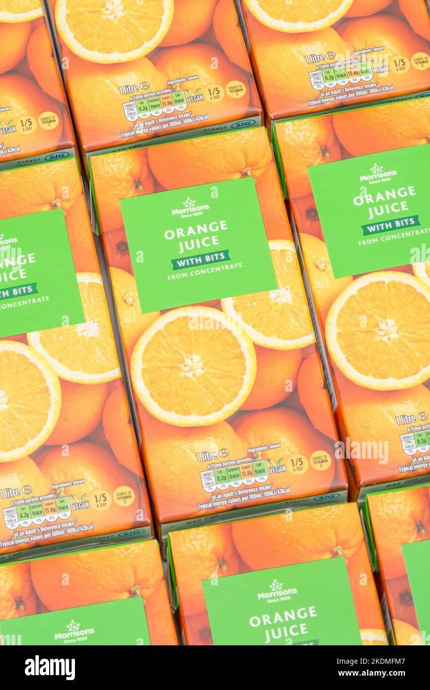 Morrison's orange juice cartons & labelling showing sugar
