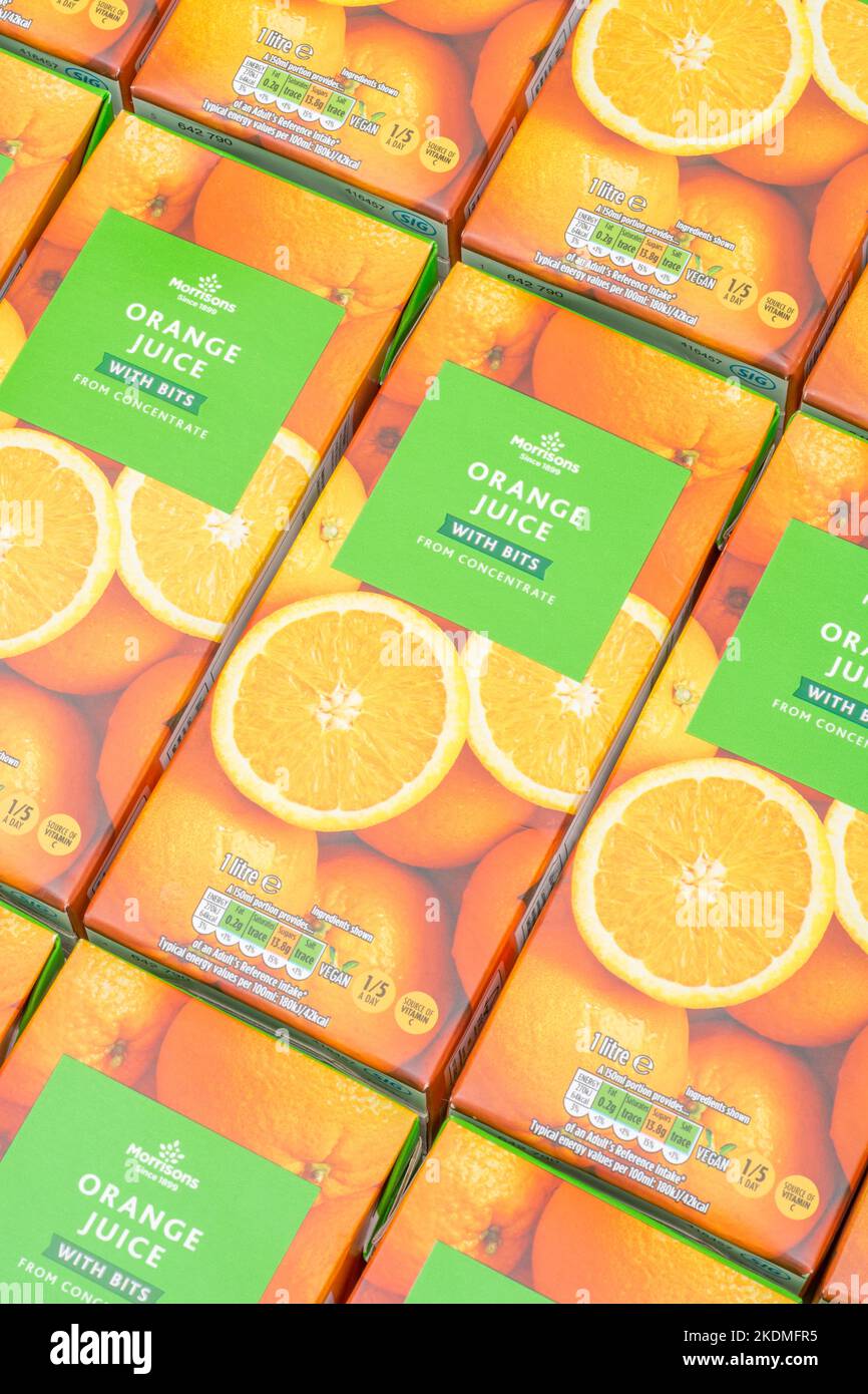 Morrison's orange juice cartons & labelling showing sugar