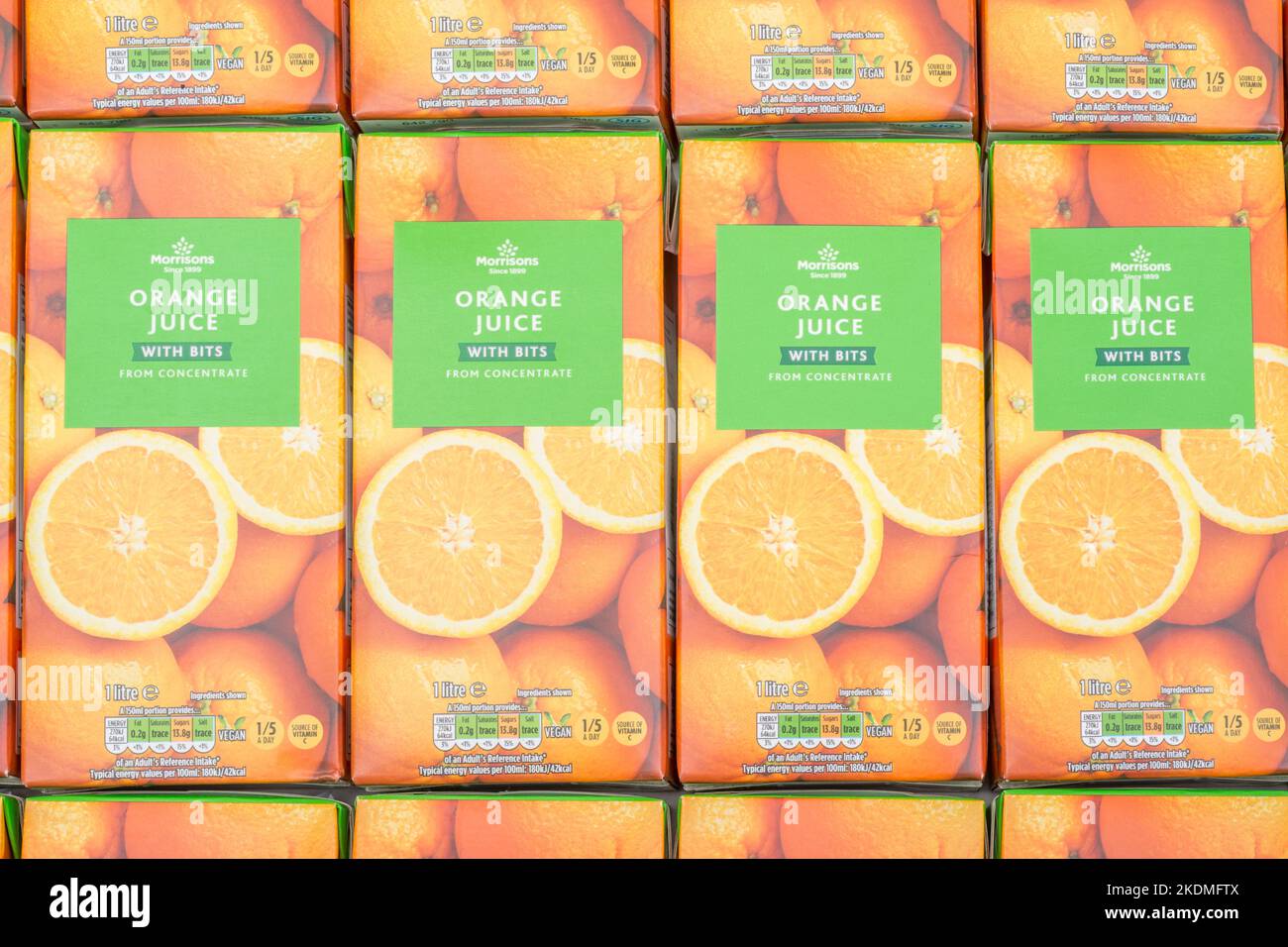 Morrison's orange juice cartons & labelling showing sugar