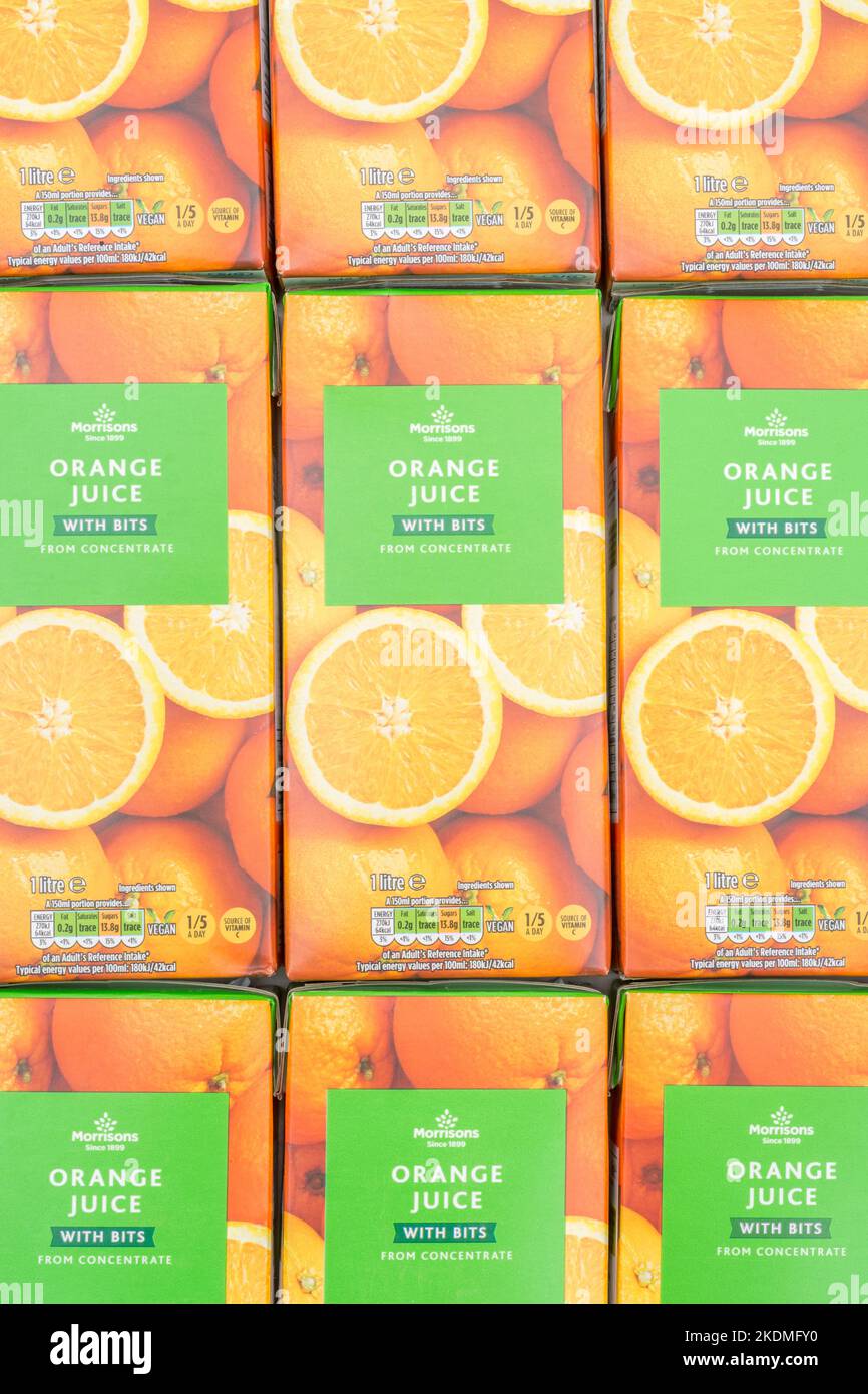 Morrison's orange juice cartons & labelling showing sugar