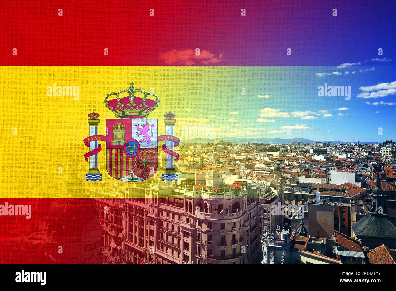 Flag of Spain and panoramic view of the city of Madrid Stock Photo