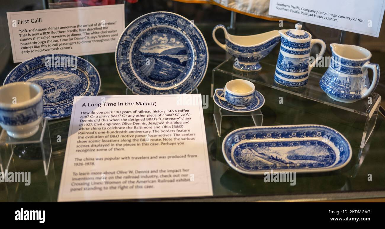 china designed by Olive W. Dennis for the 100th anniversary of the Baltimore to Ohio Railroad. Borders show the B&O locomotives and the enters with sc Stock Photo