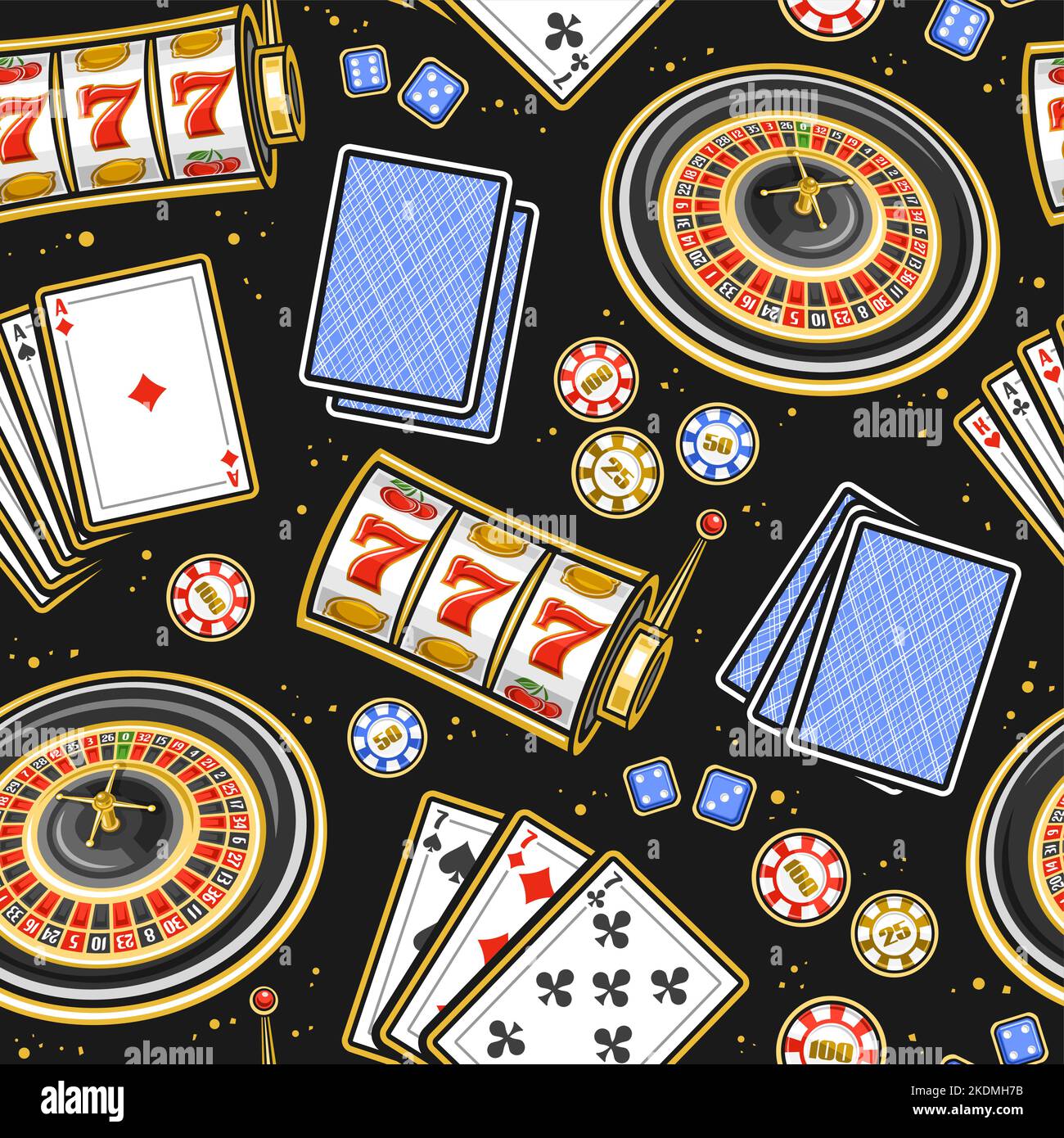 Vector Gamble seamless pattern, square repeat background with illustration of flat lay european roulette wheel, colorful casino coins, blue gambling c Stock Vector