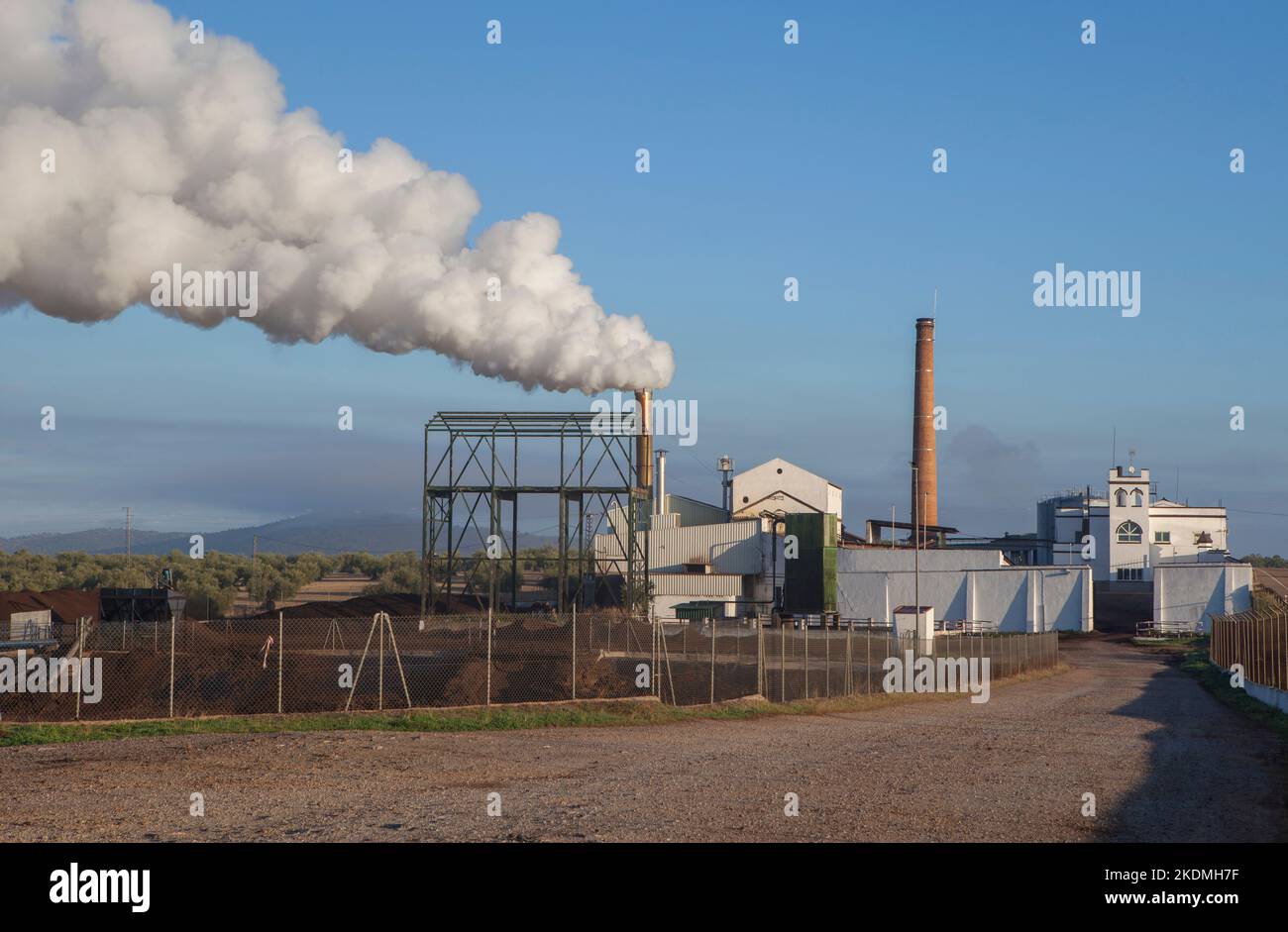 Gas emissions of olive oil factory at Tierra de Barros, Extremadura, Spain Stock Photo