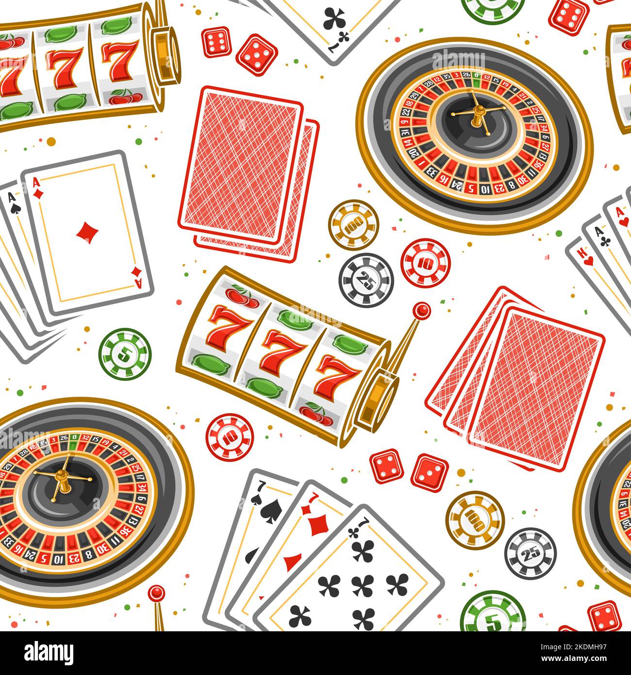 Vector Gamble seamless pattern, square repeat background with illustration of flat lay european roulette wheel, colorful casino coins, red gambling cu Stock Vector
