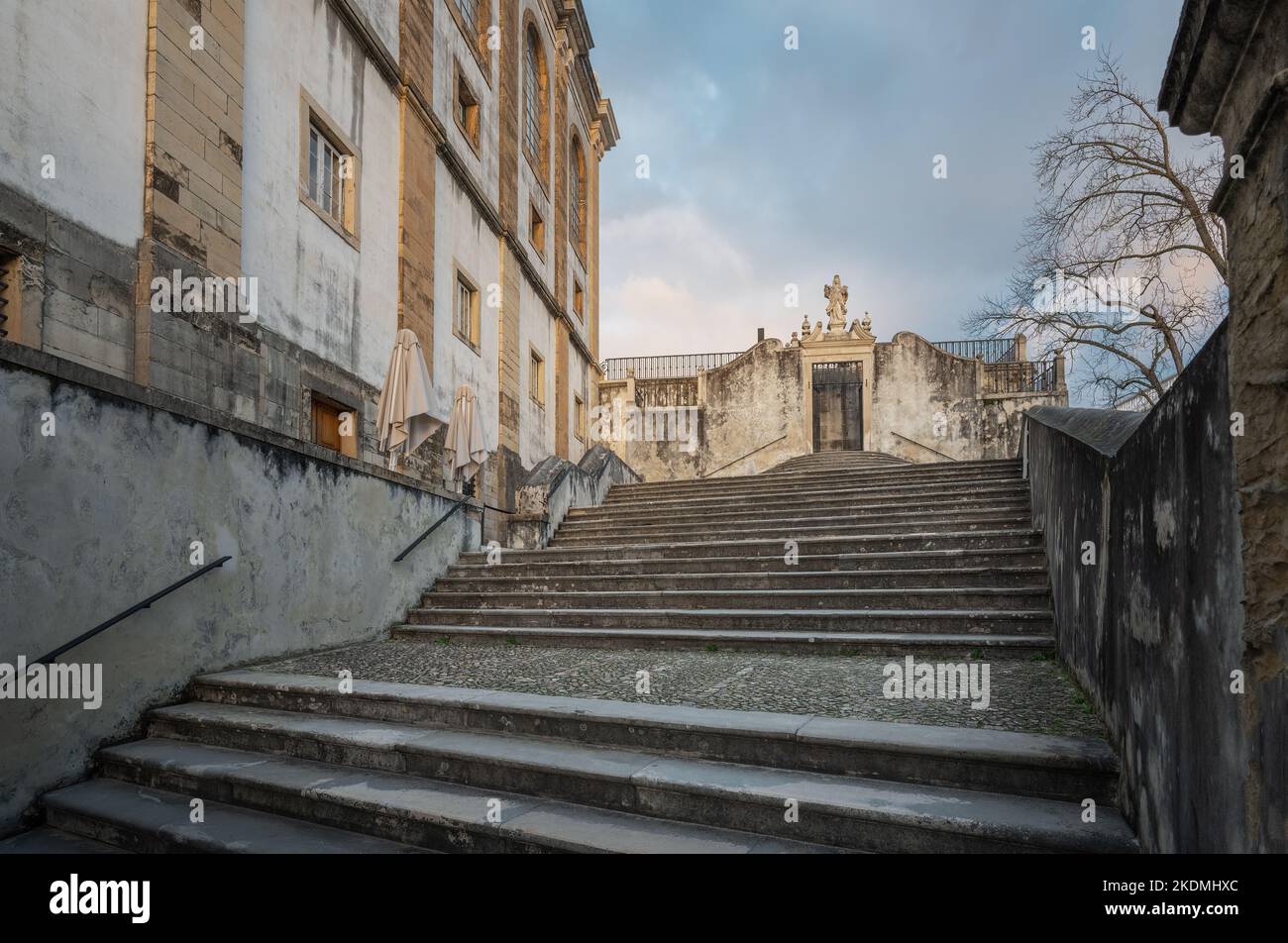 Minerva Stairs and Minerva Statue at University of Coimbra - Coimbra, Portugal Stock Photo