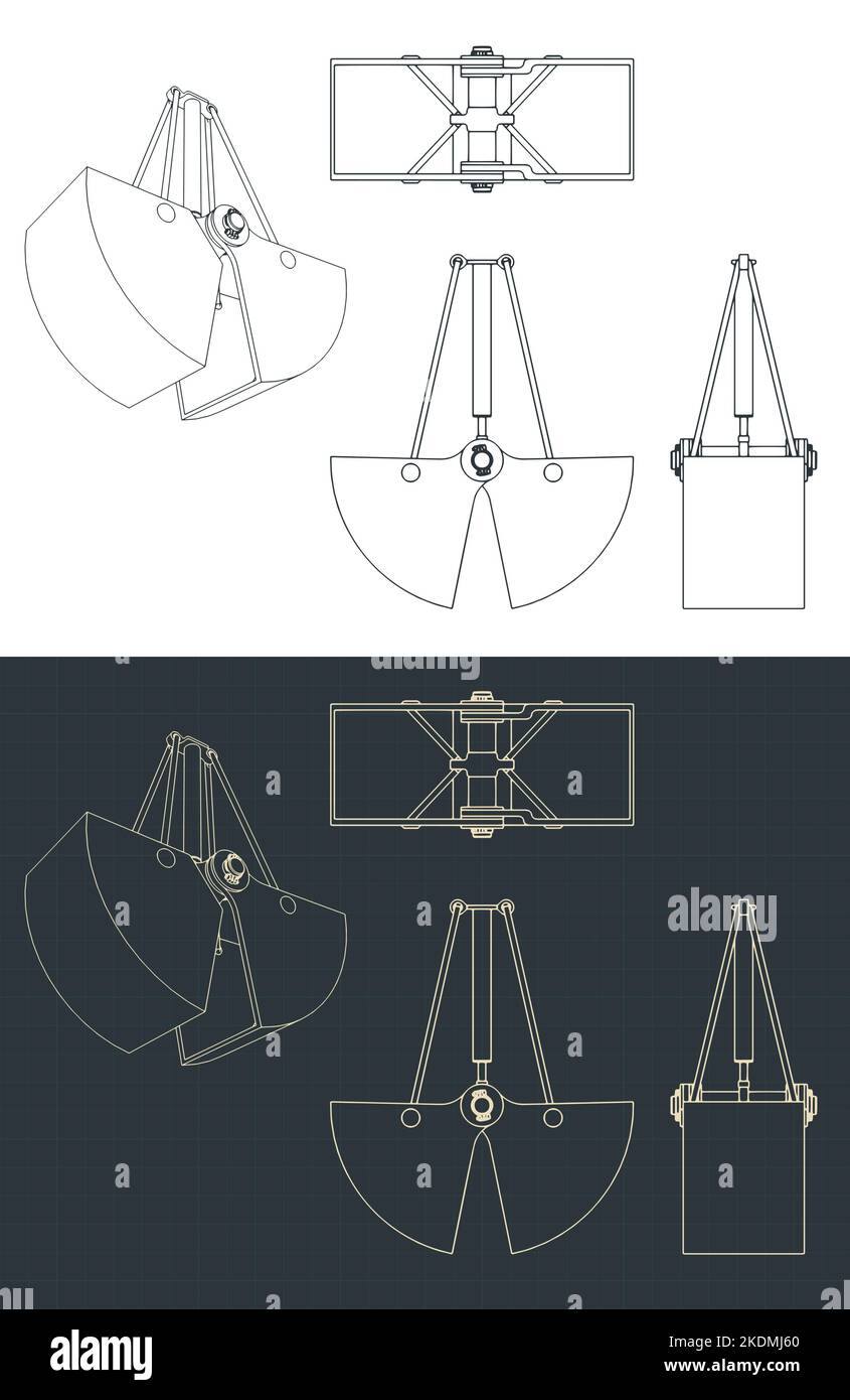Stylized vector illustration of blueprints of clamshell digging bucket Stock Vector