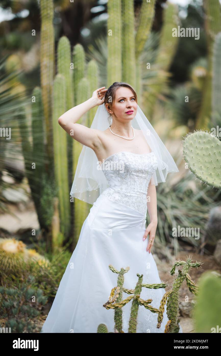 Bride Surrounded by Cactus Plants in a Garden During the Late Afternoon Stock Photo