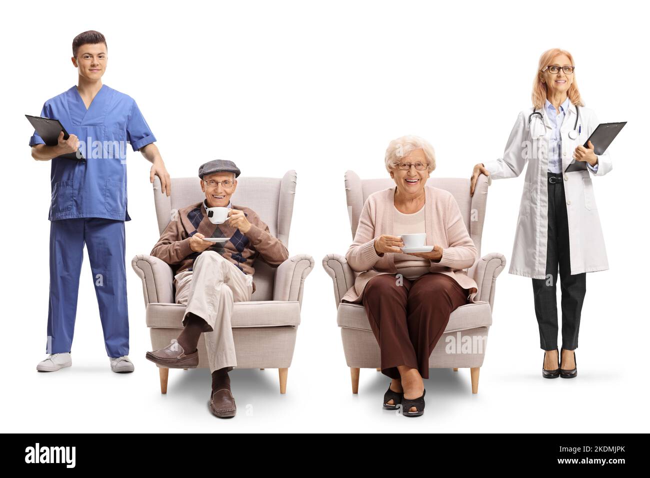 Female doctor and male nurse looking after an elderly man and woman