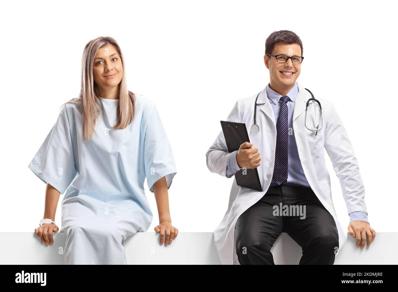 Male doctor and a female patient sitting on a blank panel isolated on ...