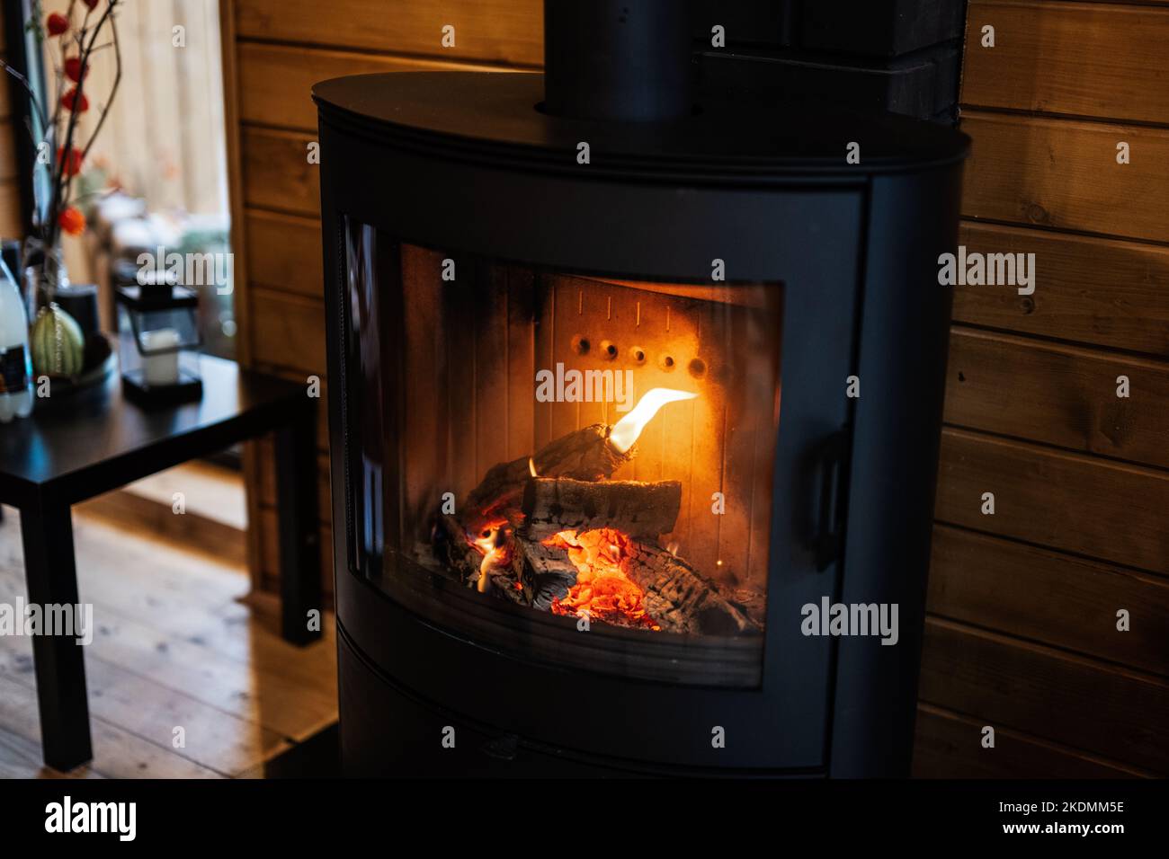Burning wood in a modern black fireplace with a closed combustion chamber standing in the living