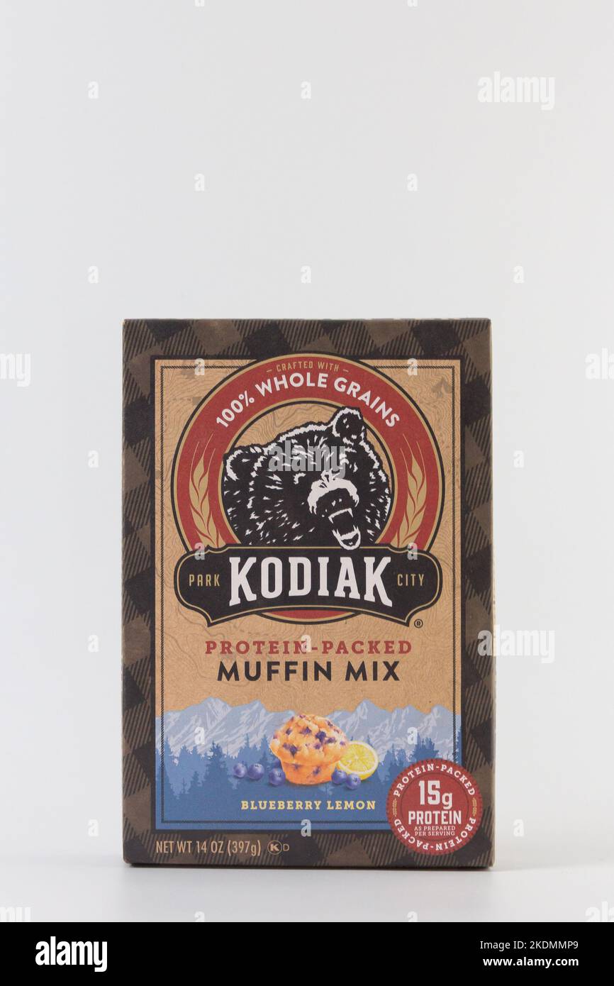 RIVER FALLS, WI, USA - NOVEMBER 7, 2022: Park City Kodiak Muffin Mix and trademark logo. Stock Photo