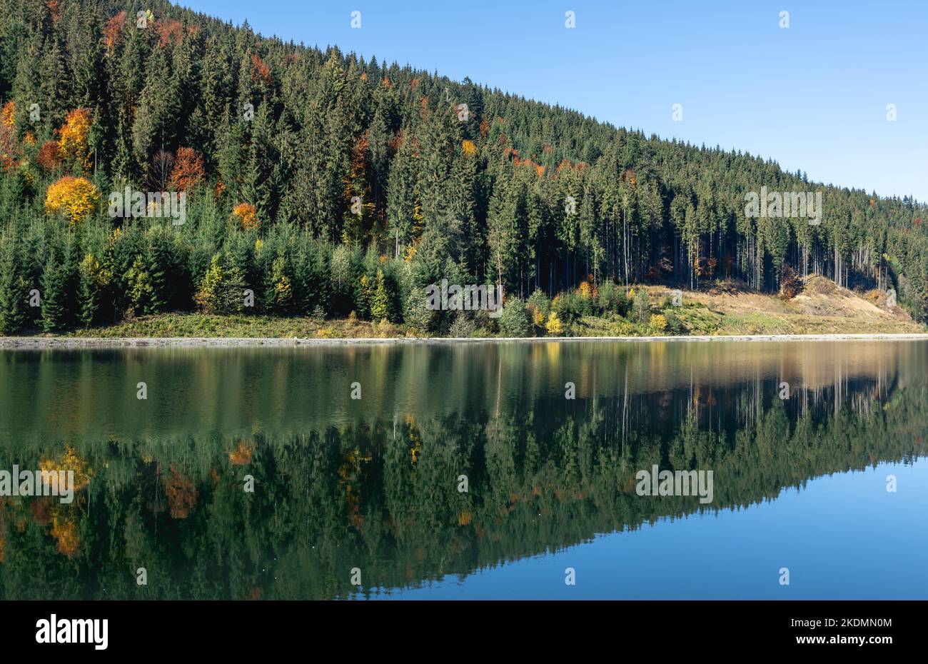 Autumn forest and lake in a mountainous area, natural background Stock ...