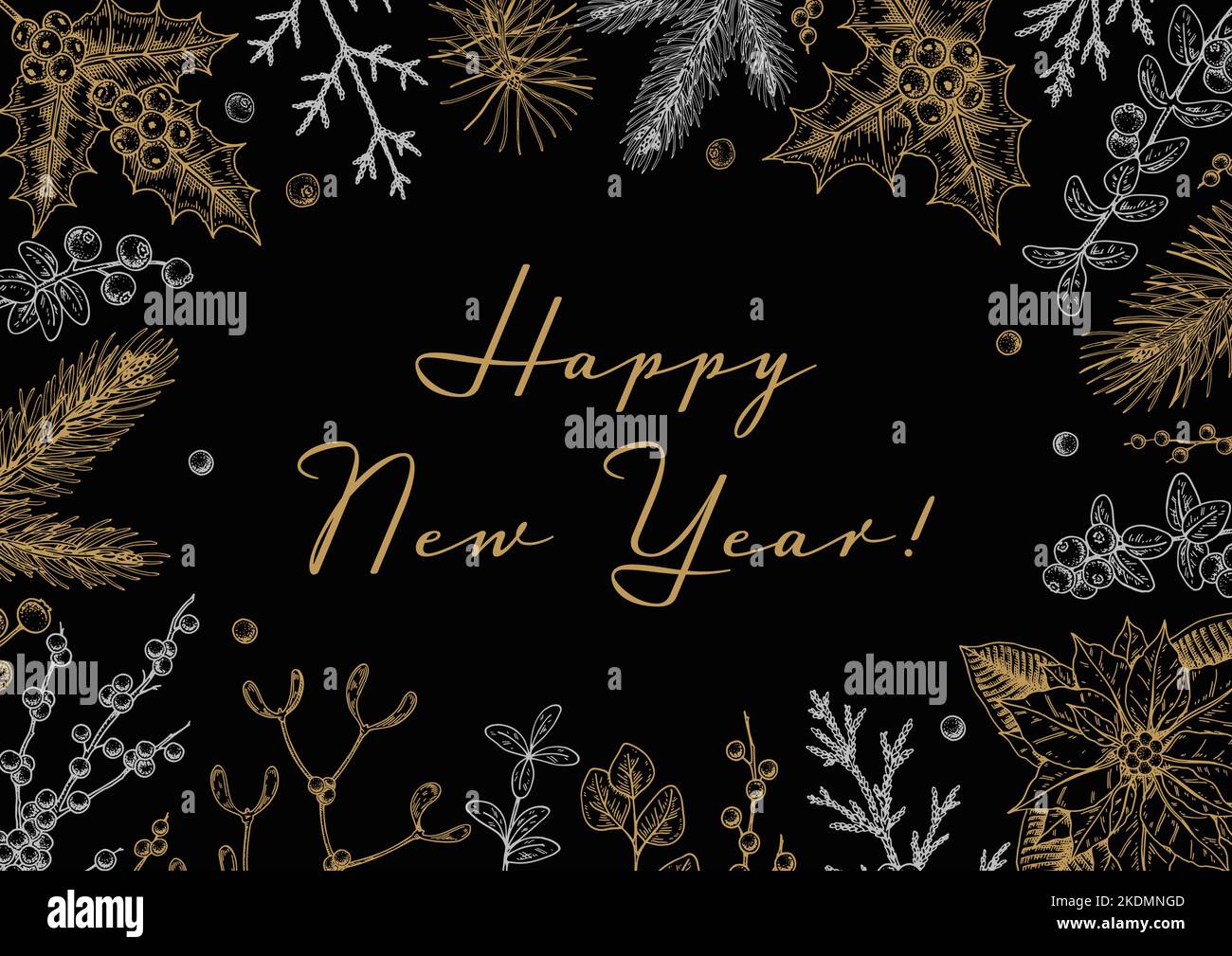 Merry Christmas and Happy New Year horizontal greeting card with hand ...
