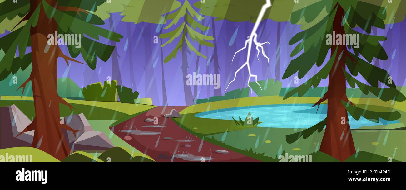 Forest landscape with pond, green trees and bushes in rain. Nature scene with lake, footpath with stones and lightning in dark sky. Vector cartoon illustration of natural park with thunderstorm. Stock Vector