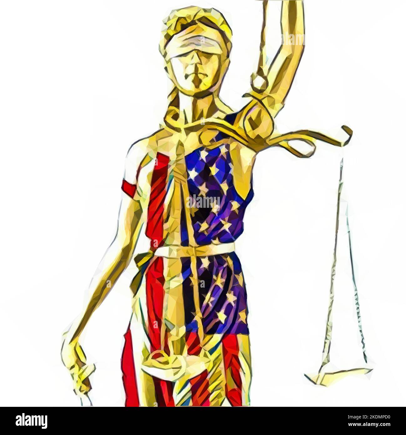 Lady Justice statue wearing a dress made out of the USA flag. White background. Vector in low poly style. Stock Vector
