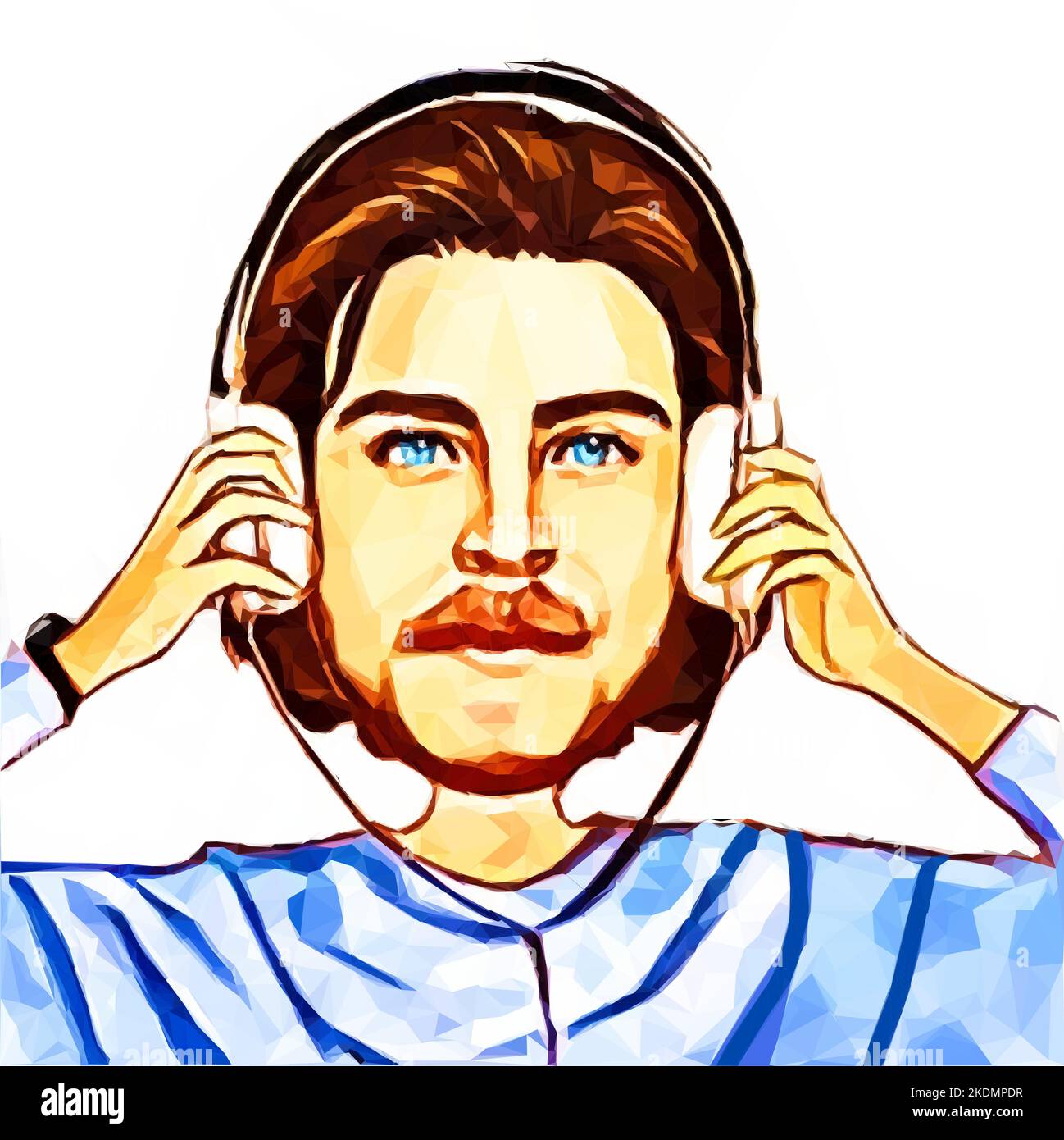 man with a beard hearing music with headphones. Vector illustration in low poly style. Stock Vector