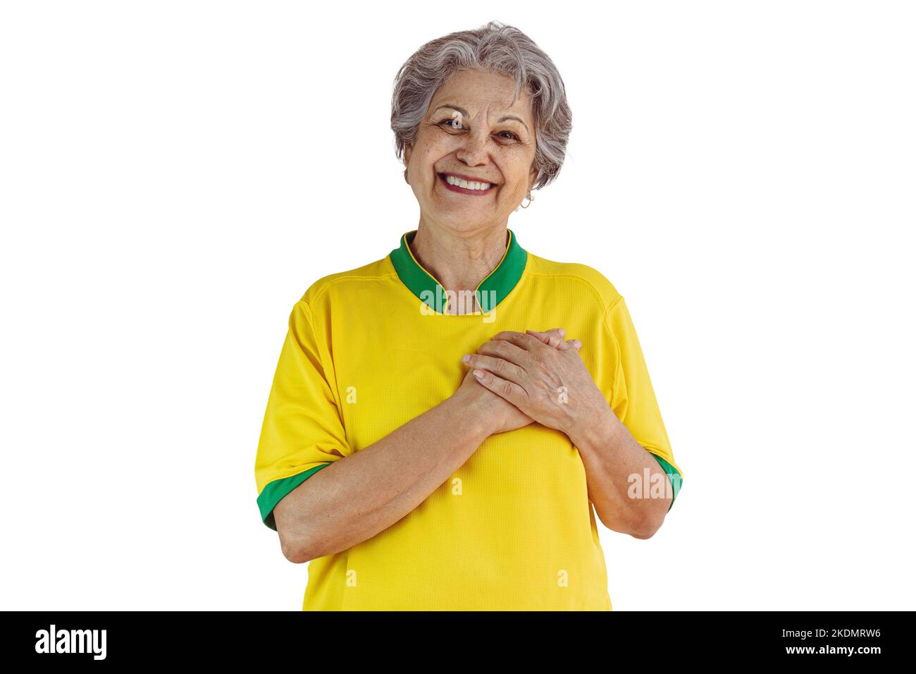 Mature Woman with Soccer Team Yellow Shirt Isolated on White. Sport Fan With Flag Celebrating the Cup. Stock Photo
