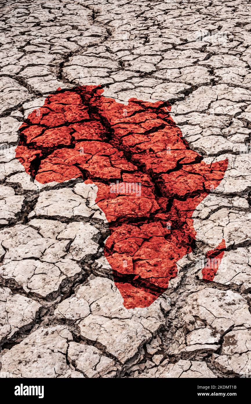 Map of Africa on cracked earth background. Global warming, climate crisis, drought, overseas aid, compensation, climate change, net zero...concept Stock Photo