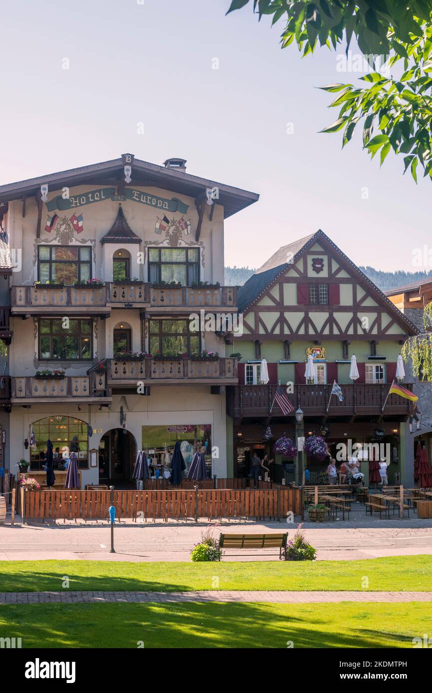 Hotel Europa and other Bavarian style buildings in the German-themed town of Leavenworth, Washington, USA. Stock Photo