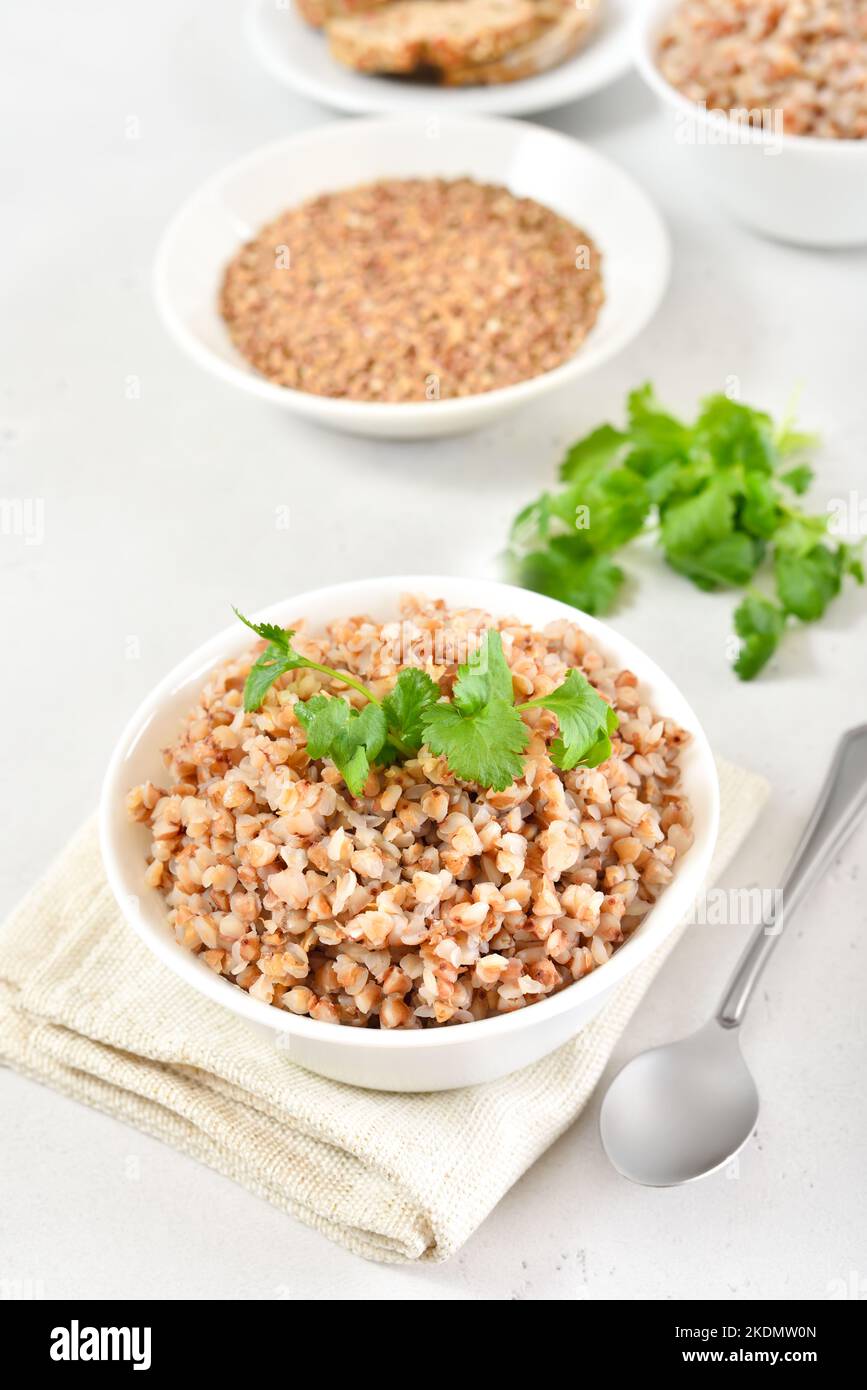 Buckwheat porridge in white bowl Stock Photo Alamy