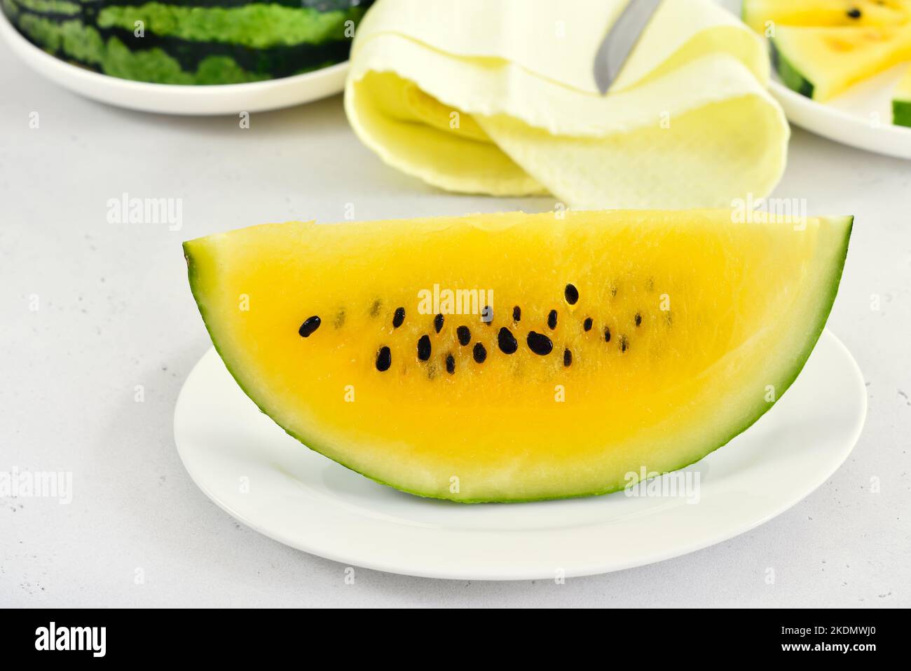 Watermelon on white plate, close up view Stock Photo