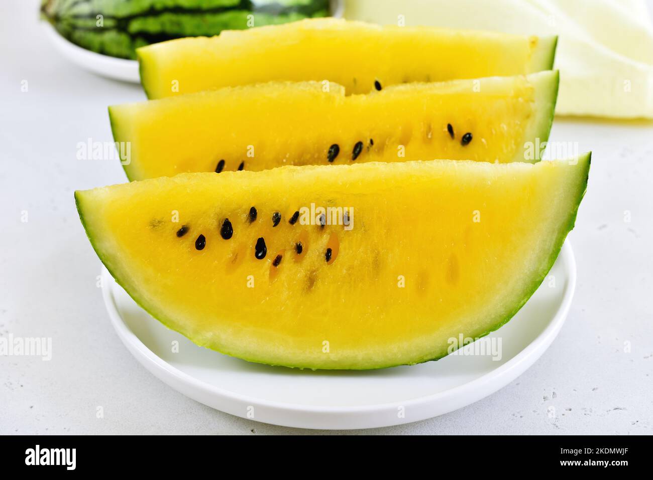 Watermelon on white plate, close up view Stock Photo