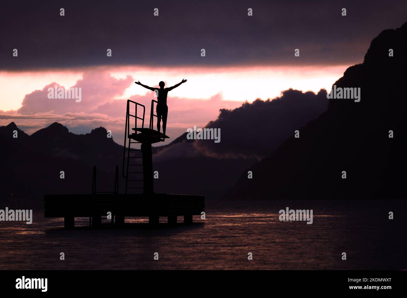 Thunderstorm at Walensee - Diving Stock Photo