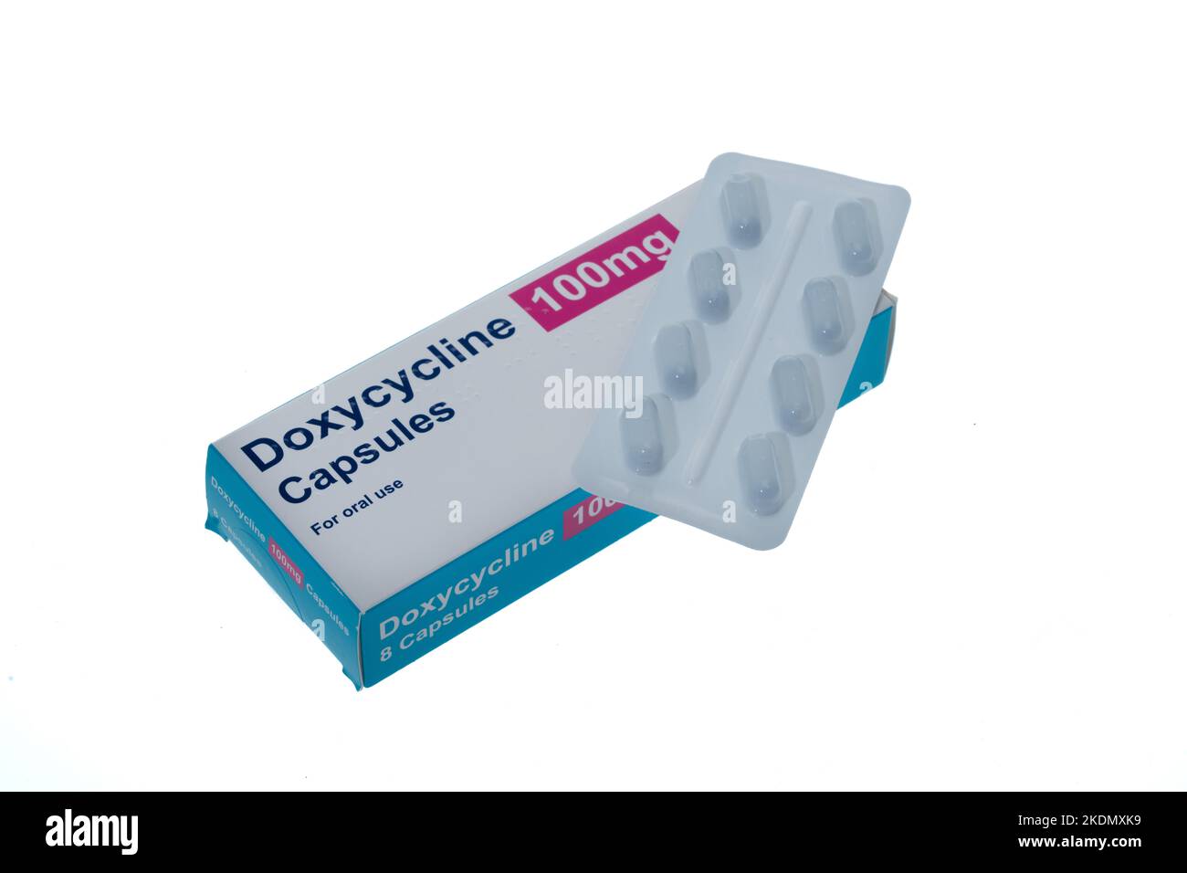 A box of generic Doxycycline antibiotic pills. It is used to treat bacterial pneumonia, acne, chlamydia infections, Lyme disease, cholera, typhus, and Stock Photo