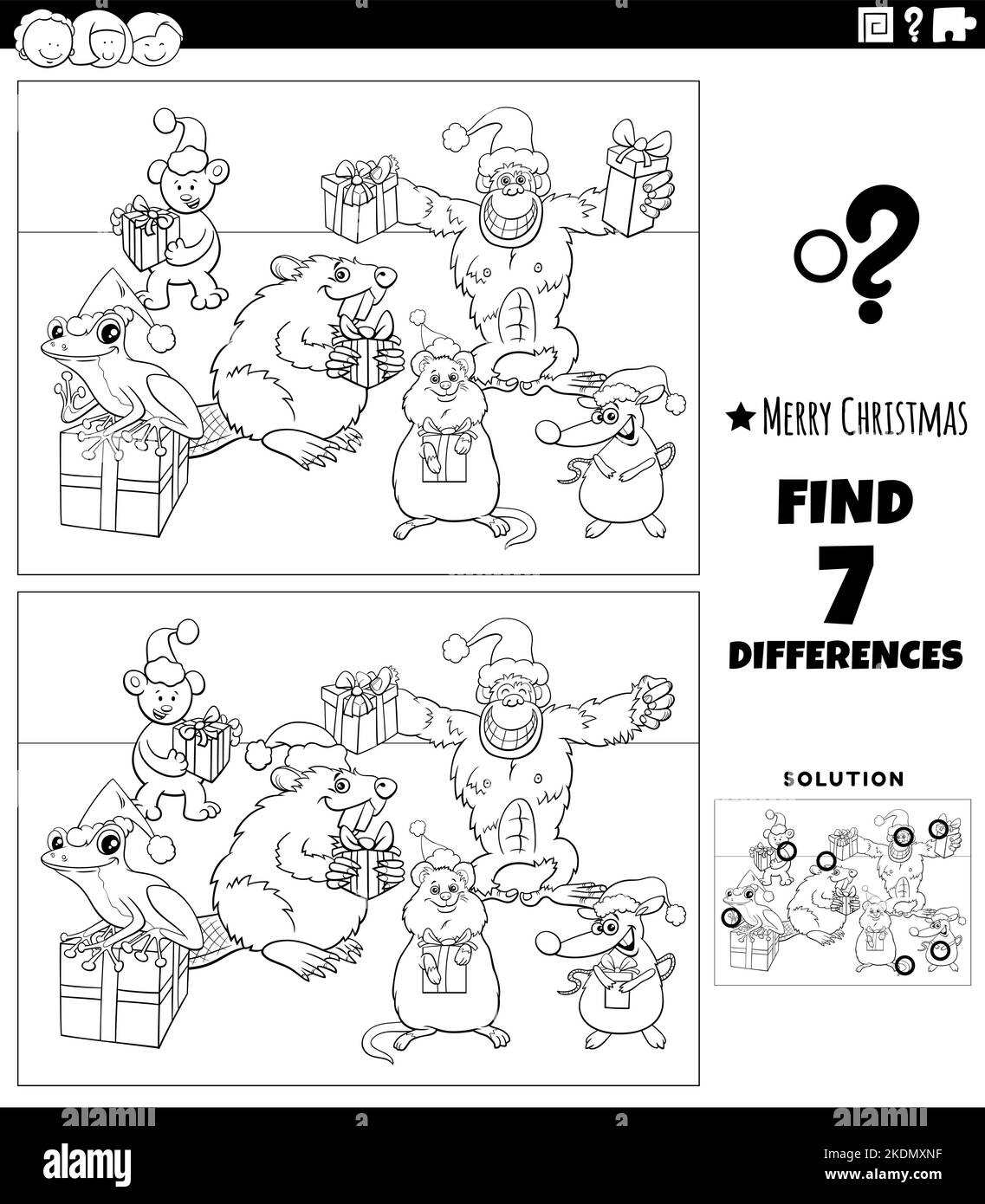 Black and white cartoon illustration of finding differences between pictures educational game for children with funny animal characters on Christmas t Stock Vector