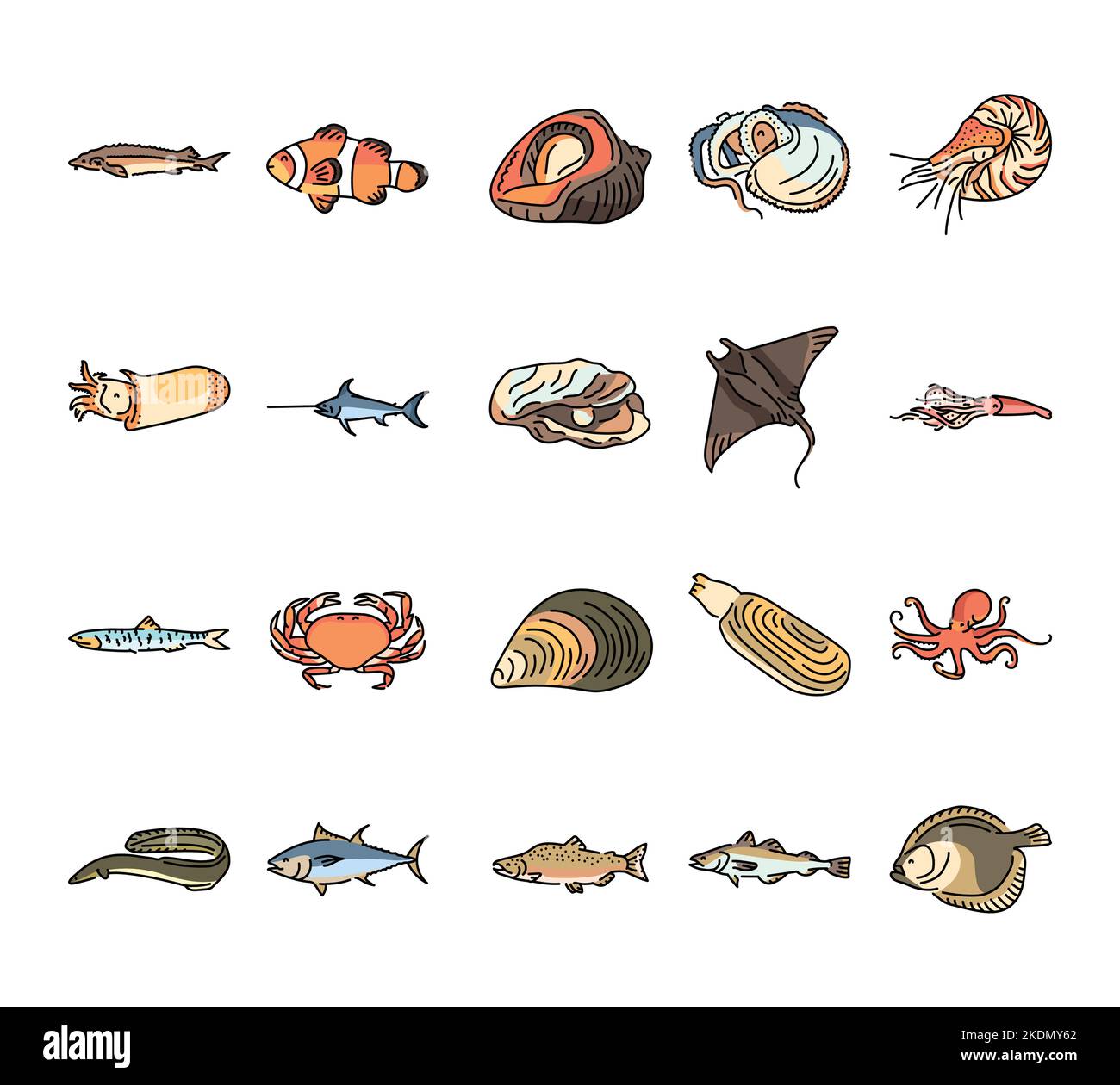 Sea fishes and shellfishes line icons set. Isolated vector element. Stock Vector