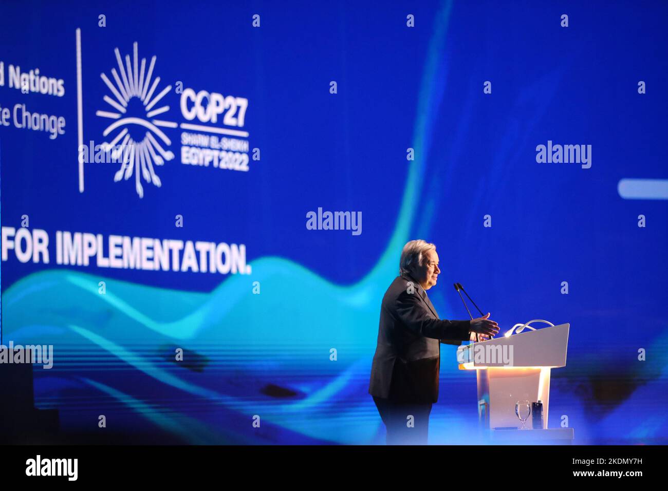 (221107) -- SHARM EL-SHEIKH (EGYPT), Nov. 7, 2022 (Xinhua) -- United Nations Secretary-General Antonio Guterres addresses the opening of the Sharm El-Sheikh Climate Implementation Summit (SCIS) during the 27th session of the Conference of the Parties (COP27) in Sharm El-Sheikh, Egypt, on Nov. 7, 2022. Addressing the climate summit, Guterres warned global leaders of the current climate challenges. 'We are on a highway to climate hell with our foot still on the accelerator,' he said, adding 'the planet is fast approaching the tipping point that will make climate chaos irreversible.' (Xinhua/Sui Stock Photo