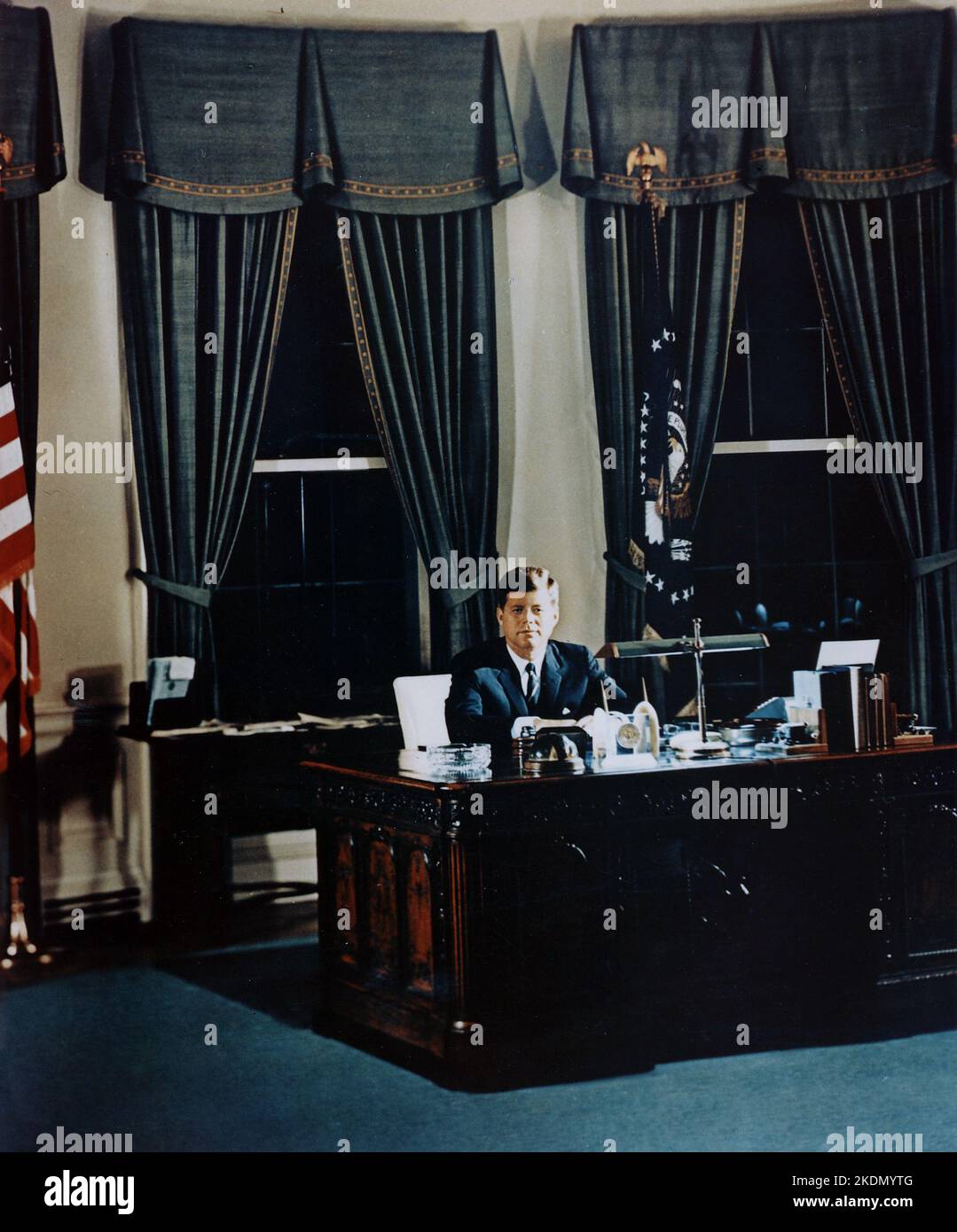 Portrait of President Kennedy at his desk. White House, Oval Office - 2 November 1961 Stock Photo