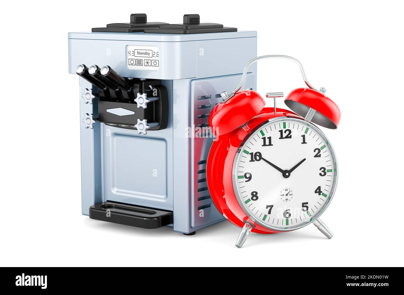 Commercial ice cream machine with alarm clock, 3D rendering isolated on