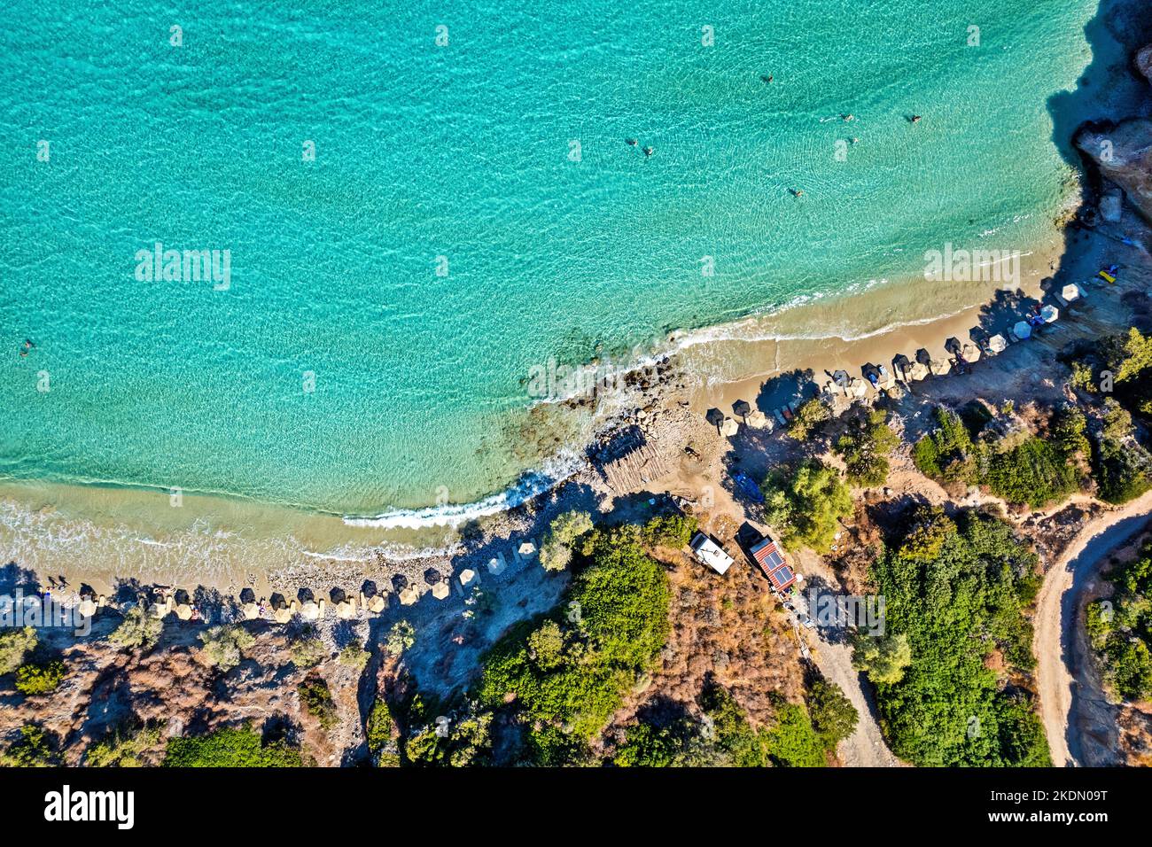 Aerial view (drone) of Voulisma beach, Istron ('Kalo Chorio') village, Agios Nikolaos Municipality, Lasithi, Crete, Greece. Stock Photo