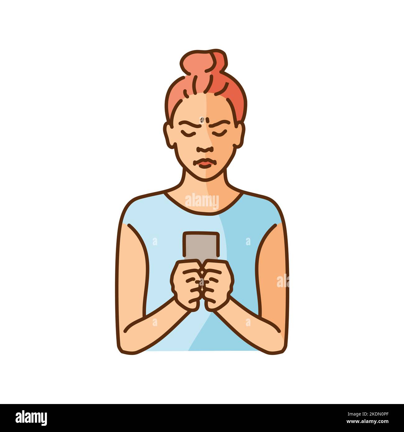 Angry girl with smartphone color line illustration Stock Vector