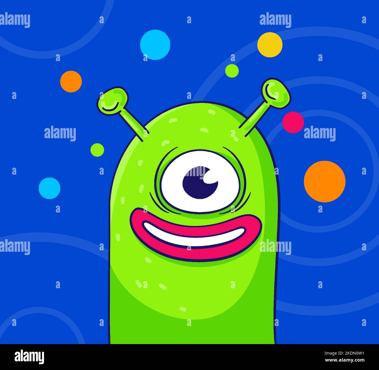 Retro sticker cartoon green alien with one eye, peeking out smiling with mouth wide open on blue space background. Planets, stars, space, hipster Stock Vector