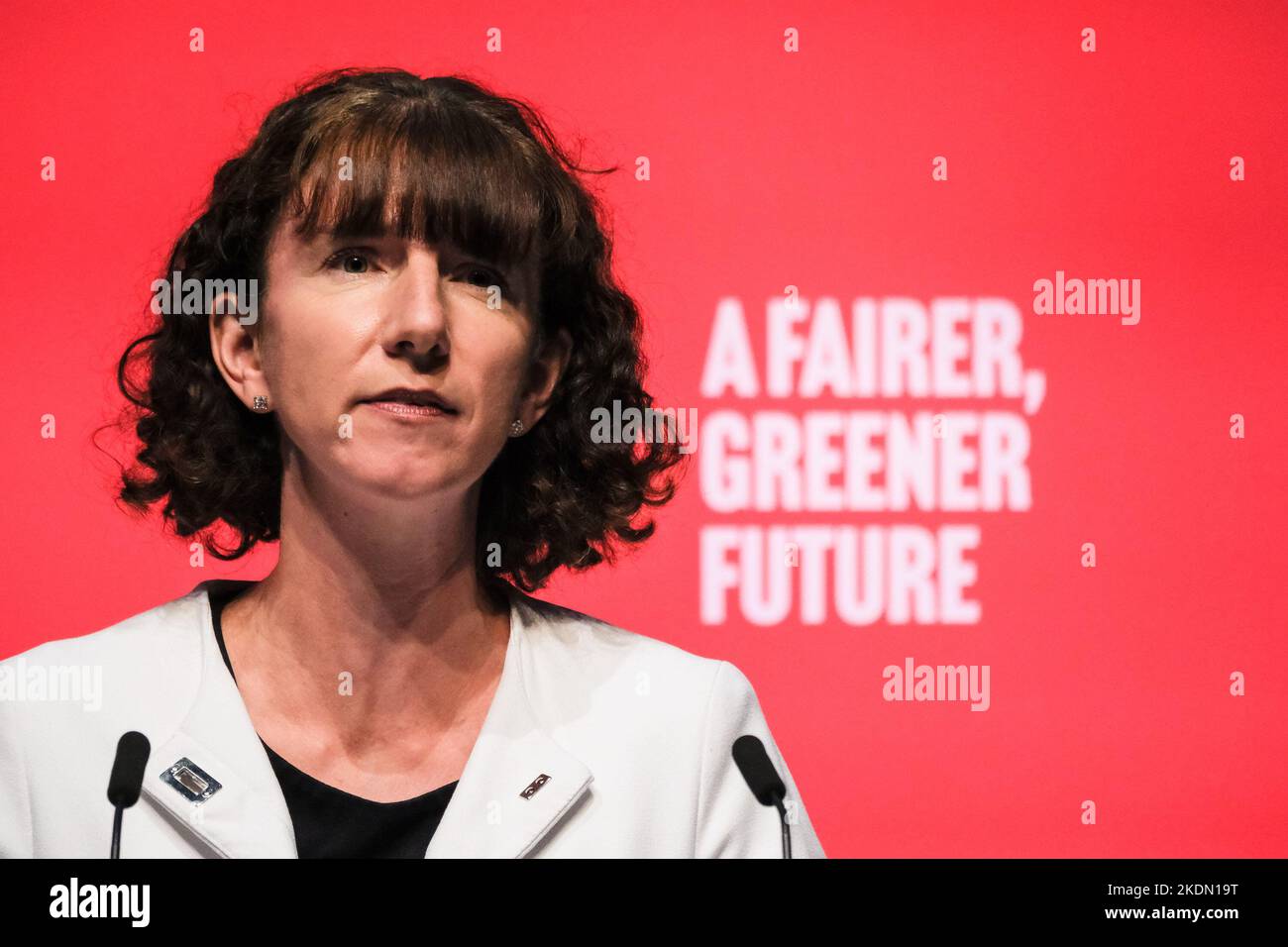 Anneliese Dodds, Shadow Secretary of State for Women and Equalities, Party Chair and Chair of Labour Policy Review addresses conference. photographed during the Labour Party Autumn Conference held at Acc Liverpool , Liverpool on Sunday 25 September 2022 . Picture by Julie Edwards. Stock Photo