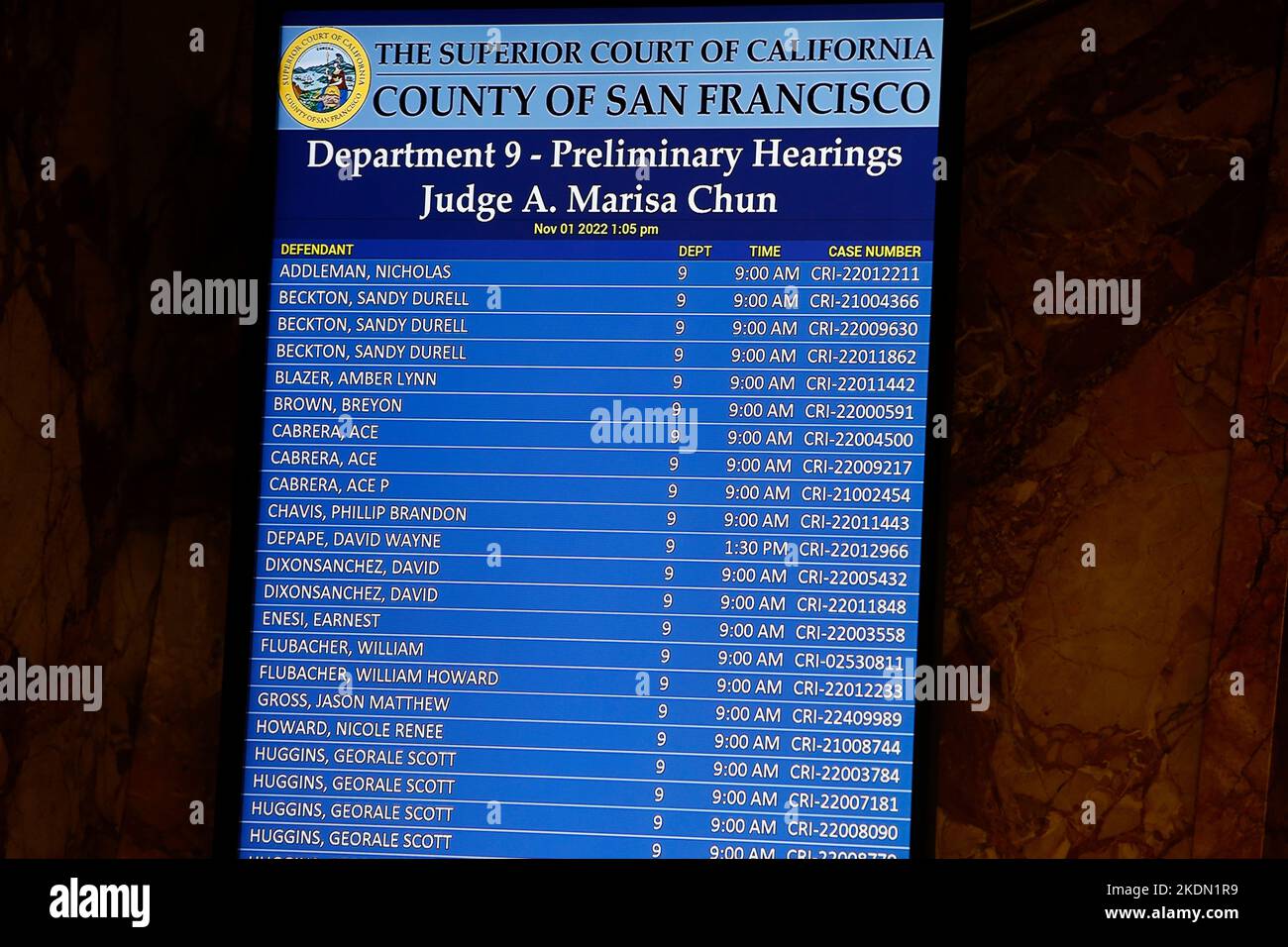San Francisco, California, USA. 1st Nov, 2022. The case hearing board outside the courtroom at the San Francisco Superior Court arrangement for David DePape, who is charged with beating House Speaker Nancy Pelosi's husband Paul Pelosi in their San Francisco home. (Credit Image: © David G. McIntyre/ZUMA Press Wire) Stock Photo