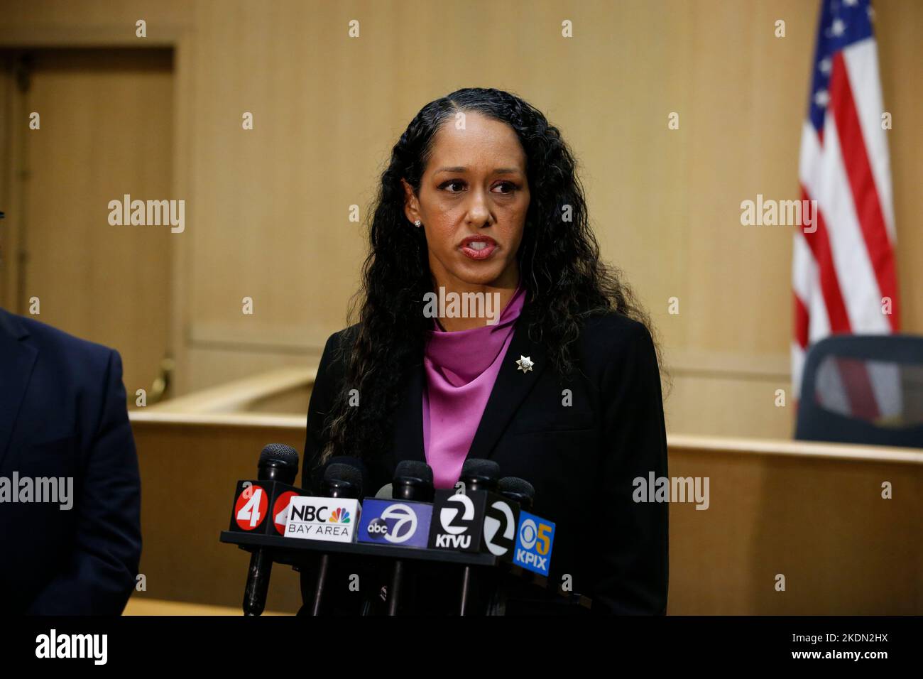 San Francisco, California, USA. 1st Nov, 2022. Brooke Jenkins, San Francisco District Attorney, speak to the media at the San Francisco Superior Court after the arrangement for David DePape, who is charged with beating House Speaker Nancy Pelosi's husband Paul Pelosi in their San Francisco home. (Credit Image: © David G. McIntyre/ZUMA Press Wire) Stock Photo